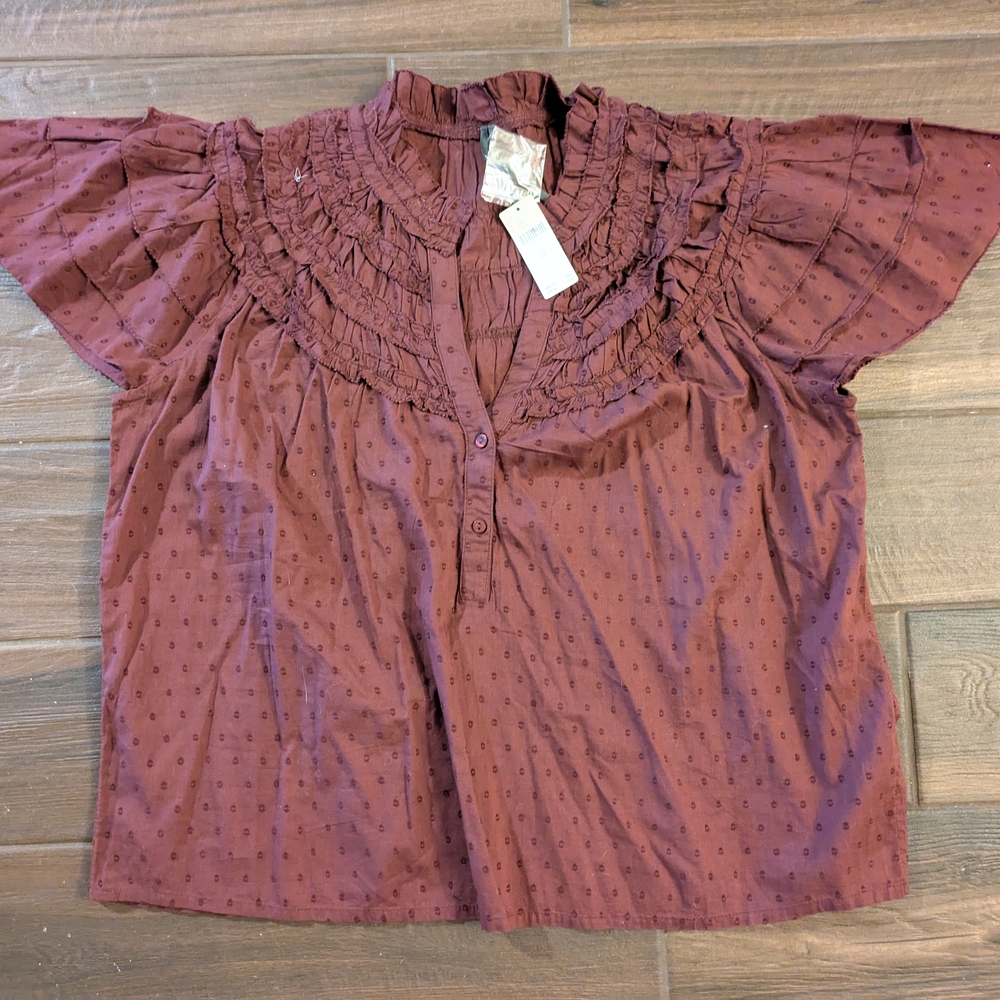 Anthropologie Burgundy Flutter Sleeve Blouse with Mandarin Collar
